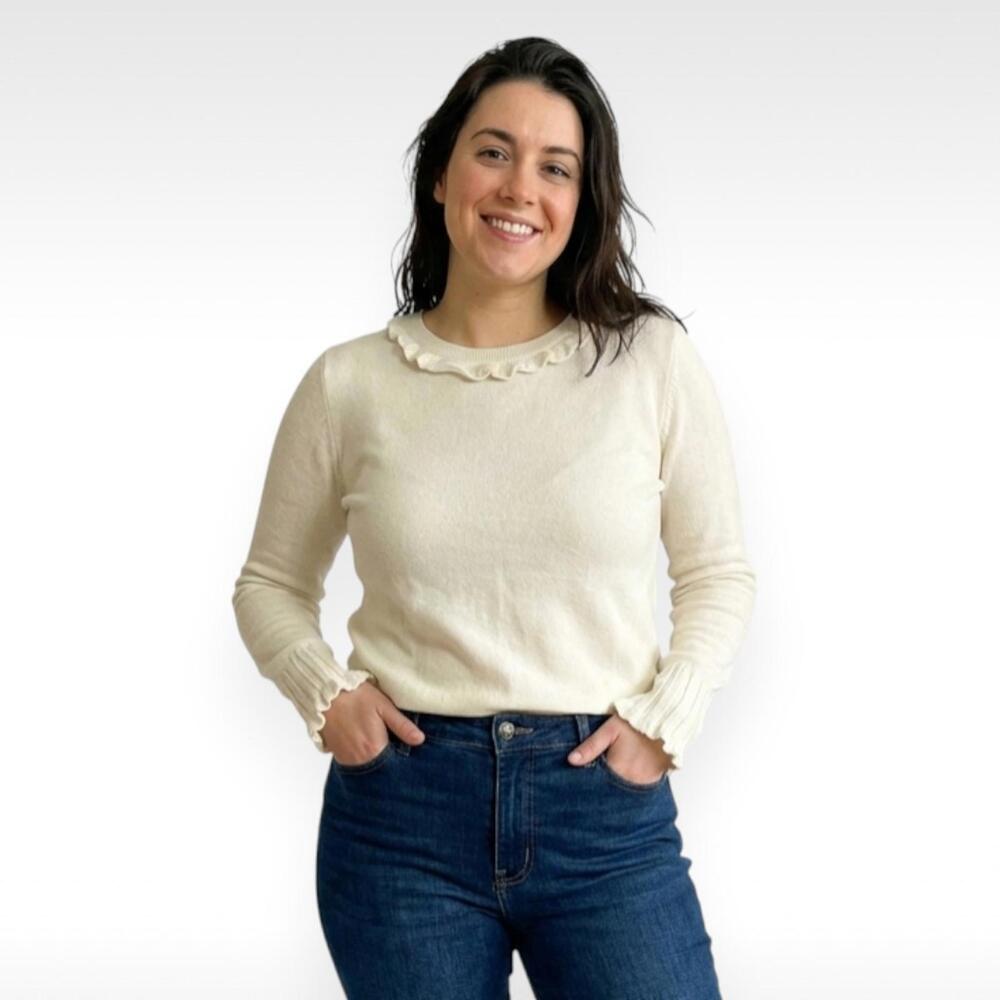 Boden Cream Ruffle Neck Sweater | Cotton Blend | Size 14 | GUC